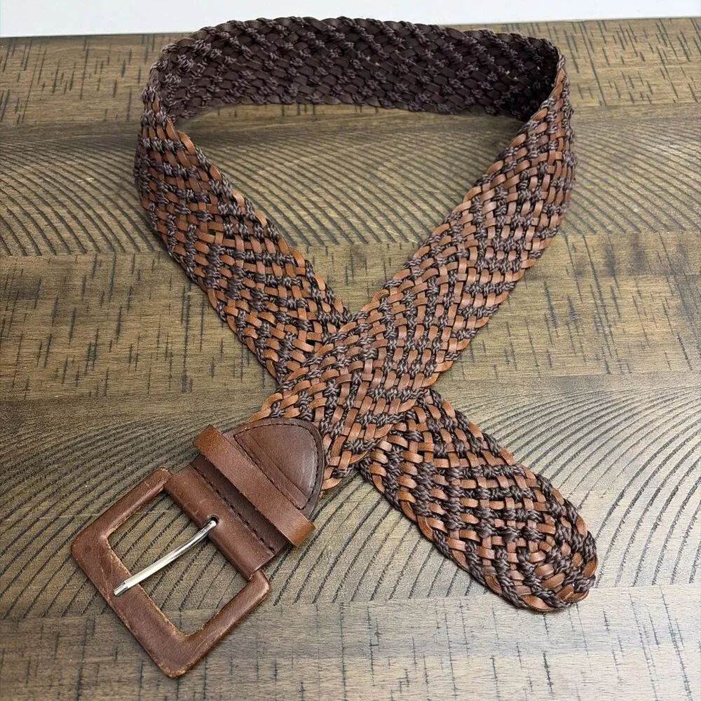 Vintage Woven Leather Cotton Belt Wide Brown Boho Western Women Size S